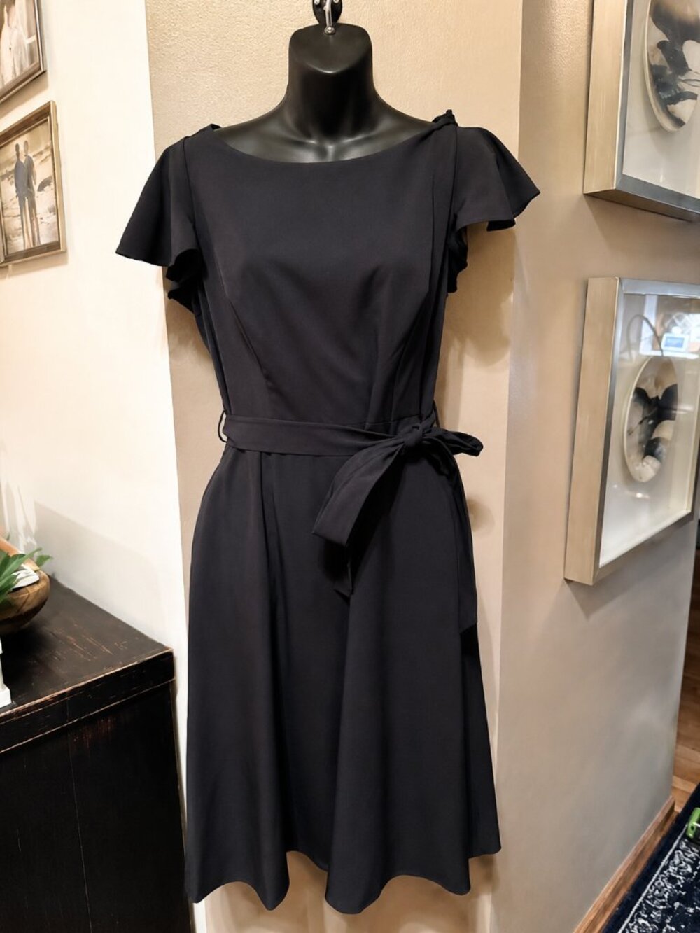 NWT Calvin Klein Black Flutter Sleeve Tie Waist Fit & Flare Dress Size 8